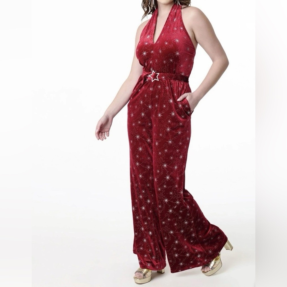 Smak Parlour 1970s Red & Silver Star Velvet Draped Darling Jumpsuit